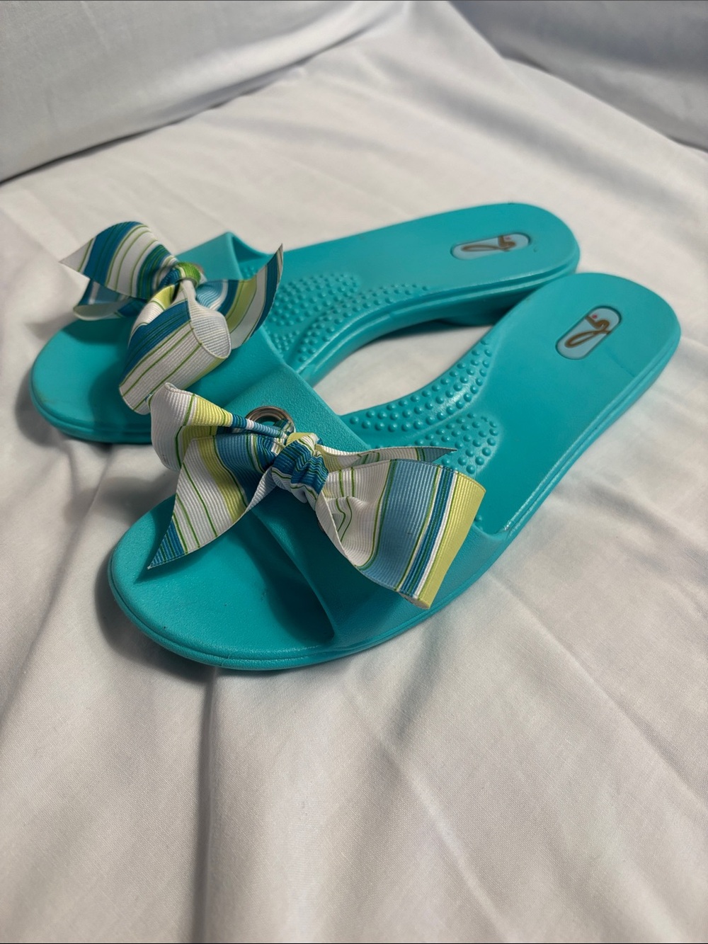 OKA b. Turquoise Slide Sandals with Striped Bow